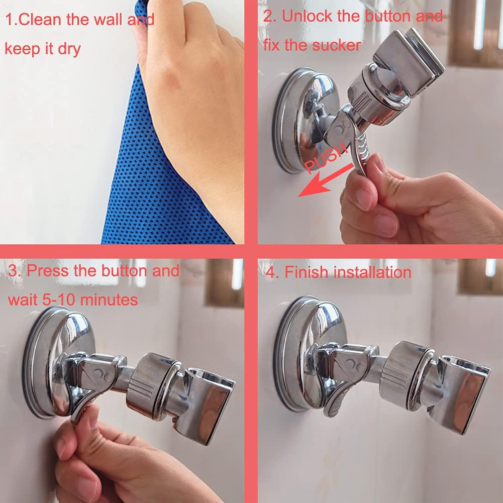 Heavy-Duty Suction Cup Shower Head Holder | Drill-Free Adjustable Shower Bracket | Chrome-Plated Finish | 360° Swivel Rotation | Tool-Free Wall Mount