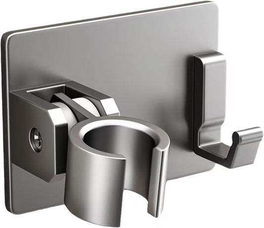 No-Drill Aluminum Shower Head Holder with Hooks | Wall-Mounted Adjustable Shower Bracket | Swivel Handheld Shower Holder | Heavy-Duty & Waterproof Adhesive or Screw Mount