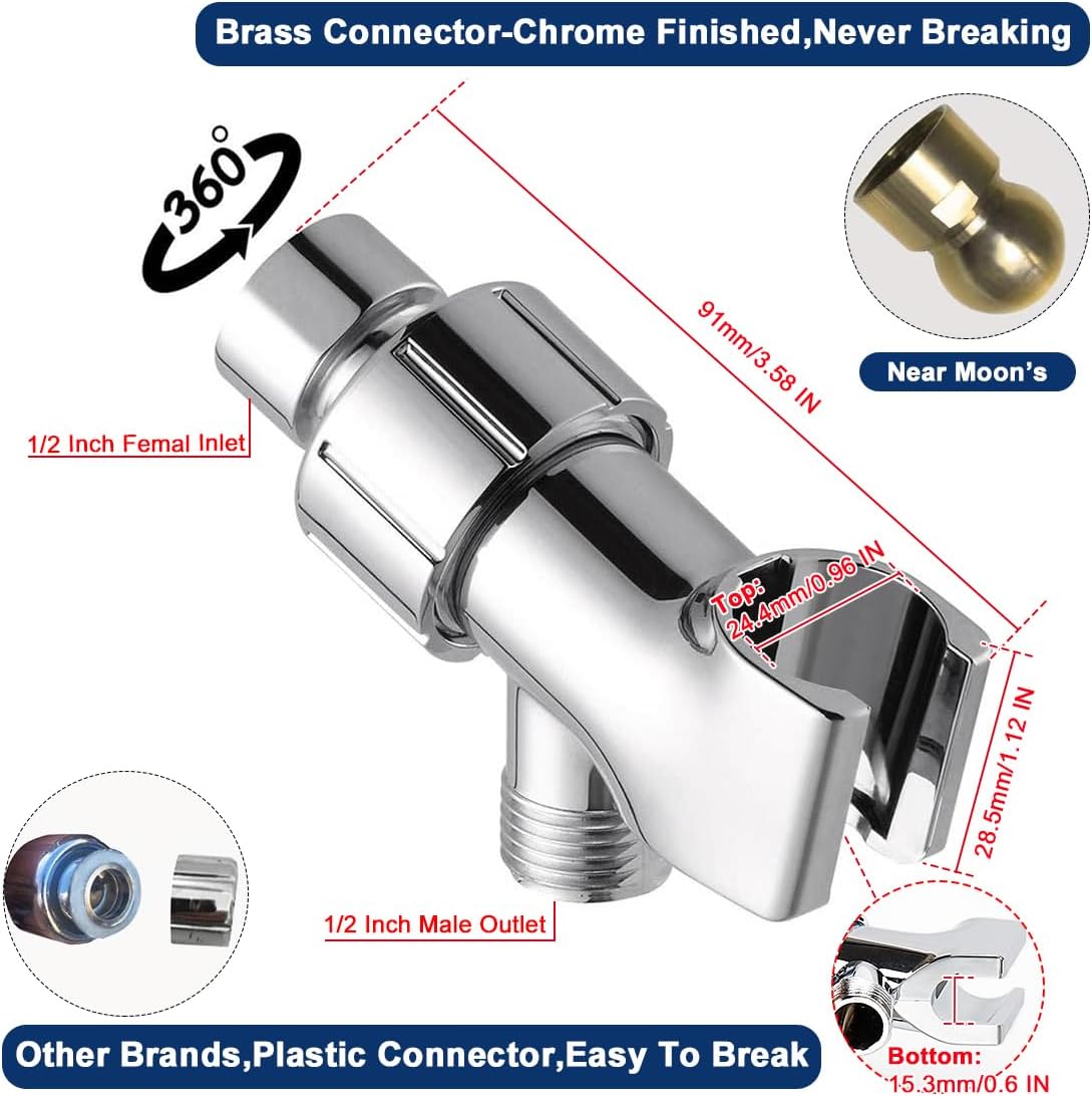 360° Swivel Brass Shower Head Holder with Adapter | Chrome-Plated Metal | 1/2 Inch Female Inlet & Male Outlet | Universal Fit for Round Shower Handles
