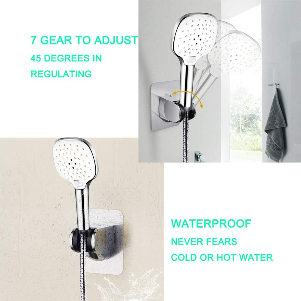 Drill-Free Fixed Shower Head Holder | Wall-Mounted Adhesive Shower Bracket | Fits 22mm Round Shower Handle | Chrome-Plated ABS | Strong Adhesive Backing