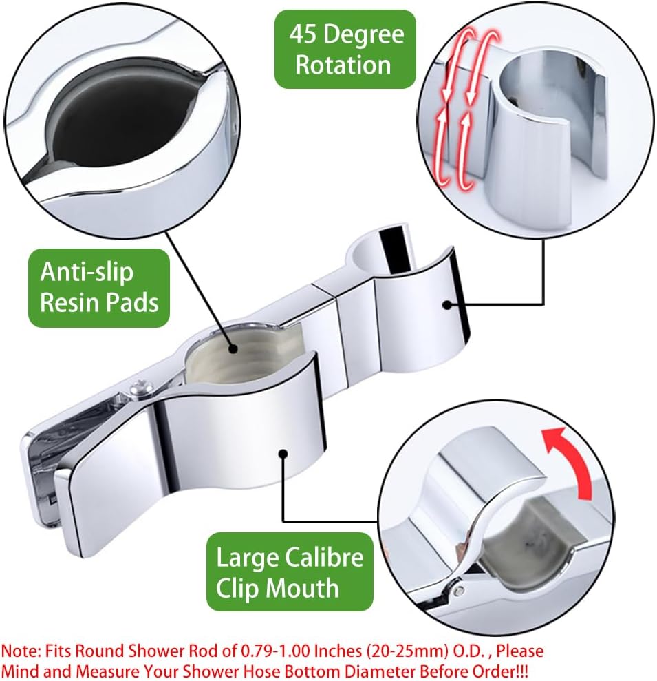Adjustable Clip-On Shower Head Holder | Fits 0.79"–1.00" (20–25mm) Round Shower Slide Bar | No-Drill Clamp Bracket | Chrome ABS
