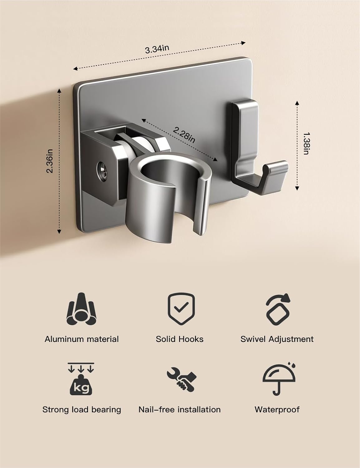 No-Drill Aluminum Shower Head Holder with Hooks | Wall-Mounted Adjustable Shower Bracket | Swivel Handheld Shower Holder | Heavy-Duty & Waterproof Adhesive or Screw Mount