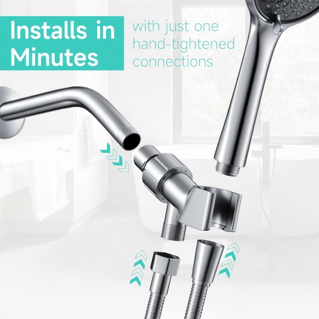 Shower Arm with Adjustable Shower Head Holder Set | 1/2 Inch IPS Female & Male Thread | Chrome-Plated Metal | Fits Most Handheld Showers