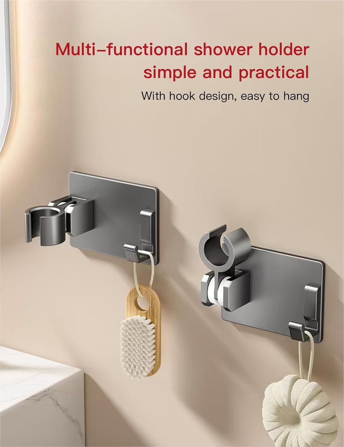No-Drill Aluminum Shower Head Holder with Hooks | Wall-Mounted Adjustable Shower Bracket | Swivel Handheld Shower Holder | Heavy-Duty & Waterproof Adhesive or Screw Mount