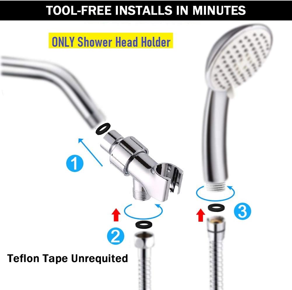 360° Swivel Brass Shower Head Holder with Adapter | Chrome-Plated Metal | 1/2 Inch Female Inlet & Male Outlet | Universal Fit for Round Shower Handles