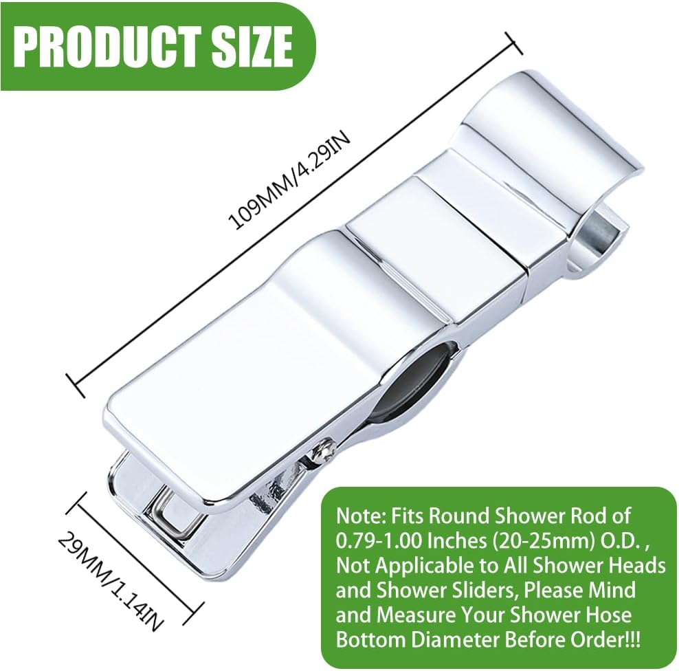 Adjustable Clip-On Shower Head Holder | Fits 0.79"–1.00" (20–25mm) Round Shower Slide Bar | No-Drill Clamp Bracket | Chrome ABS