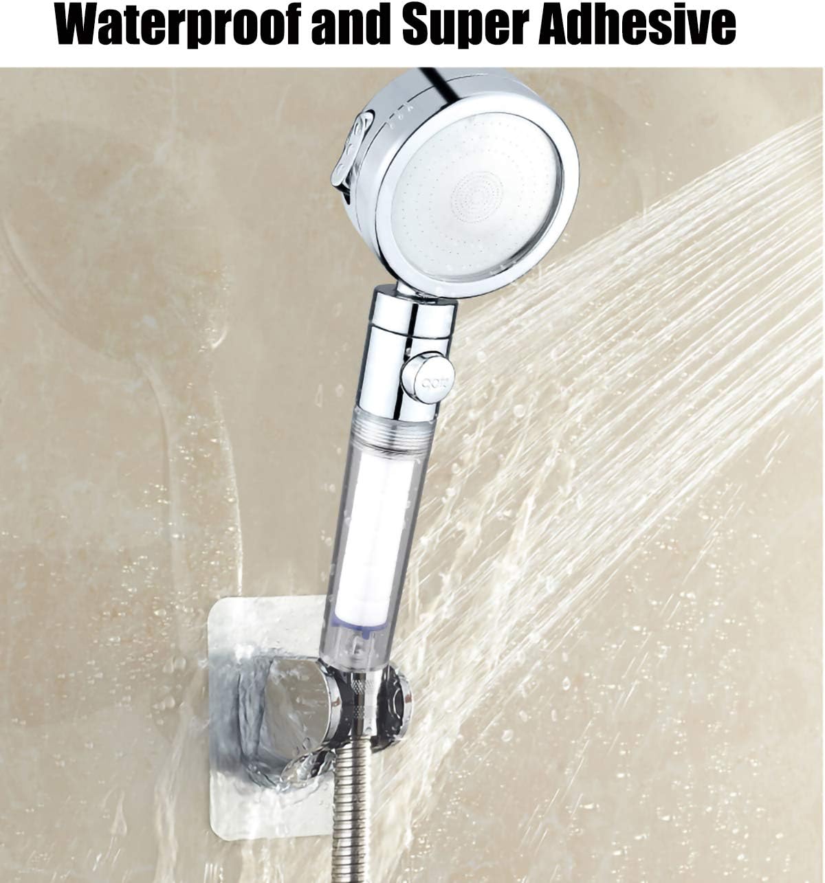 Drill-Free Fixed Shower Head Holder | Wall-Mounted Adhesive Shower Bracket | Fits 22mm Round Shower Handle | Chrome-Plated ABS | Strong Adhesive Backing