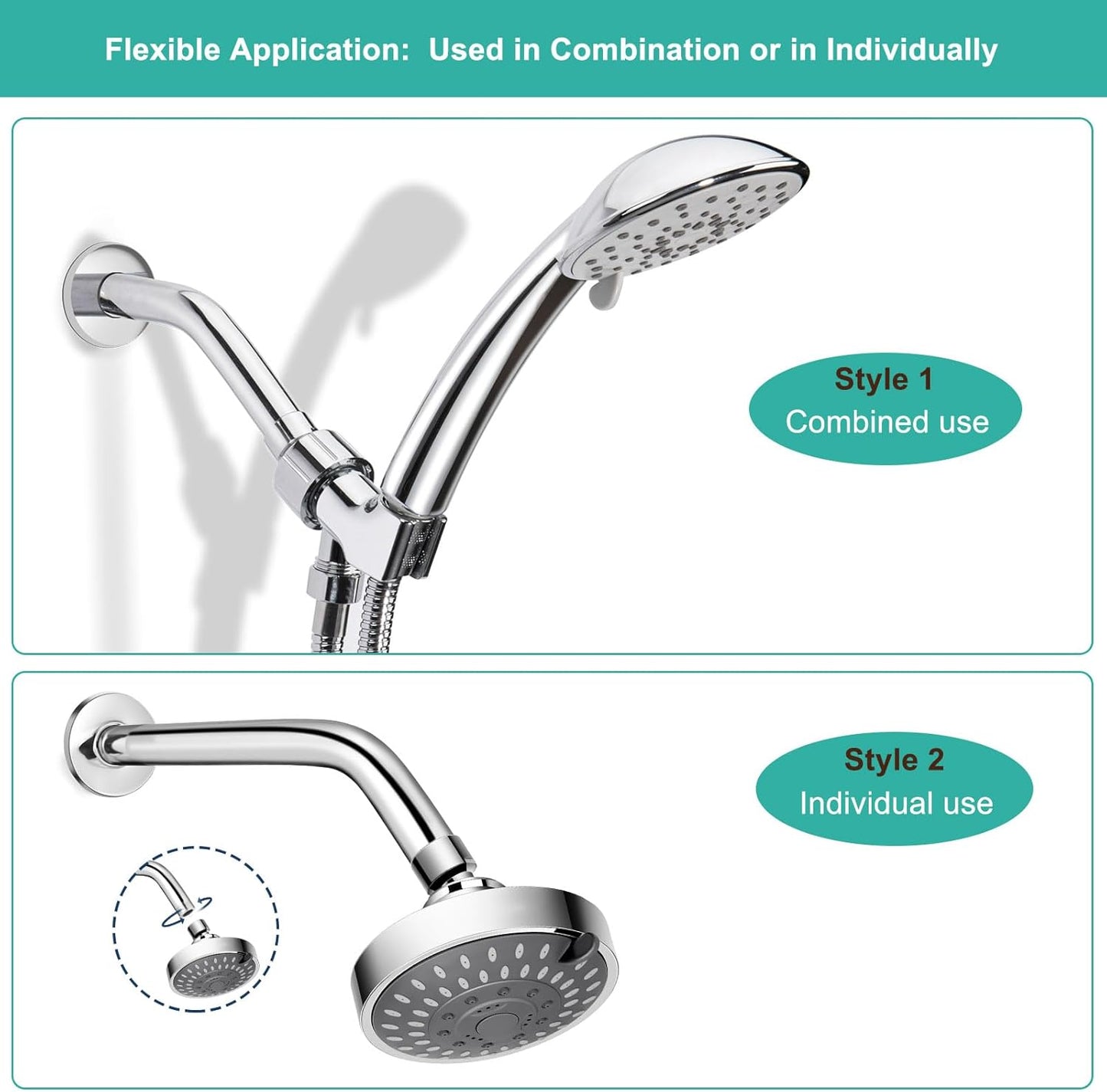 Shower Arm with Adjustable Shower Head Holder Set | 1/2 Inch IPS Female & Male Thread | Chrome-Plated Metal | Fits Most Handheld Showers