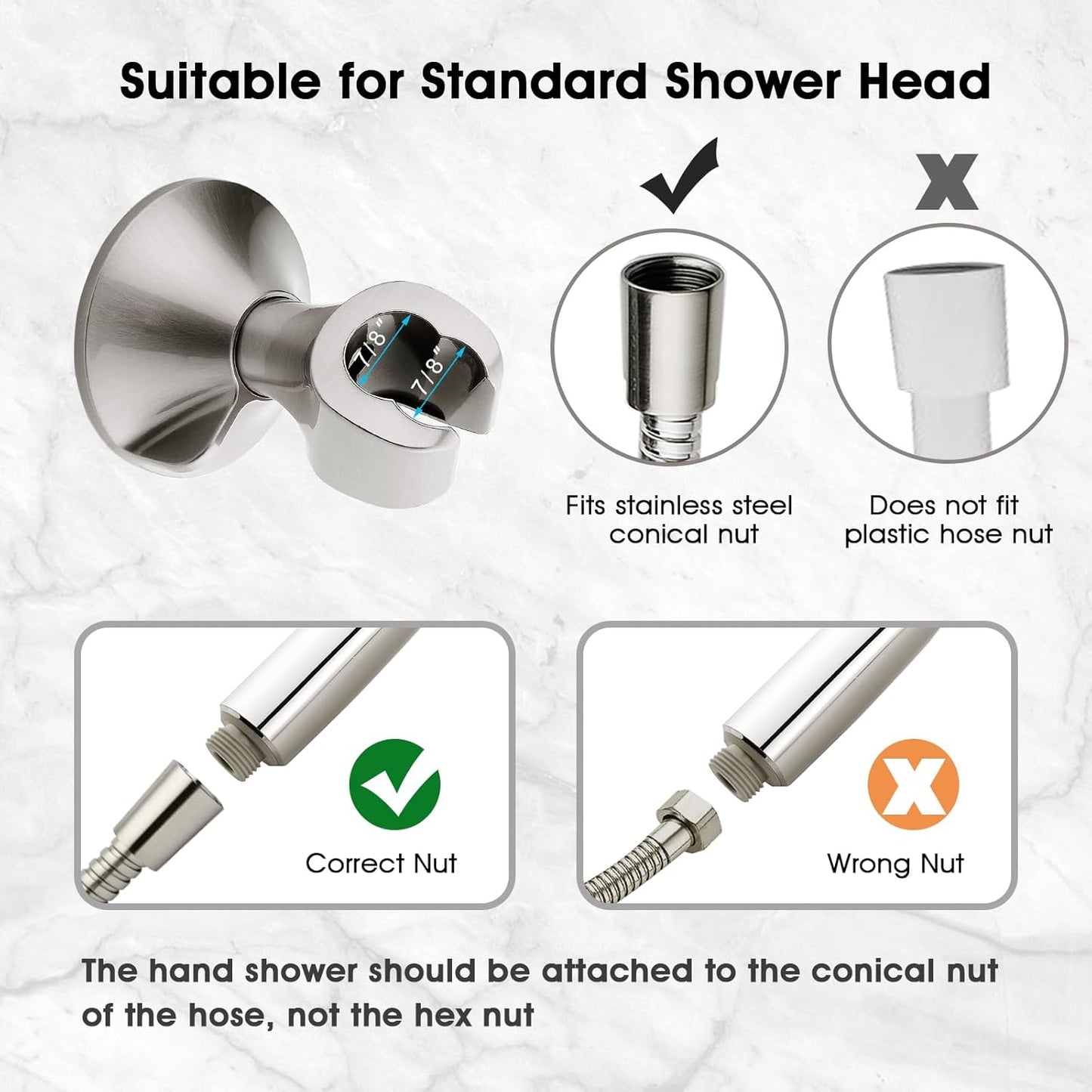 Universal Wall-Mounted Shower Head Holder | Fits Stainless Steel Conical Nuts | Not for Plastic Hose or Hex Nuts | Heavy-Duty Metal Bracket