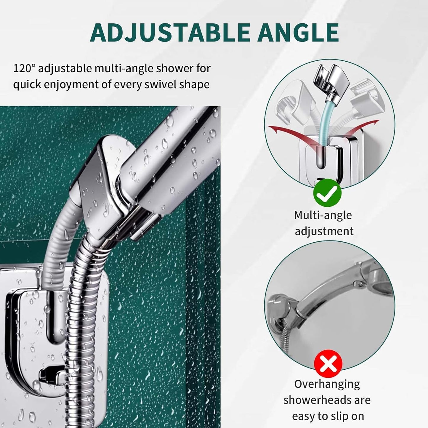 Drill-Free Flexible Hose Shower Head Holder | Wall-Mount Adhesive Bracket | 2.2cm (0.86in) Universal Fit | Angle Adjustable | No Tools Required