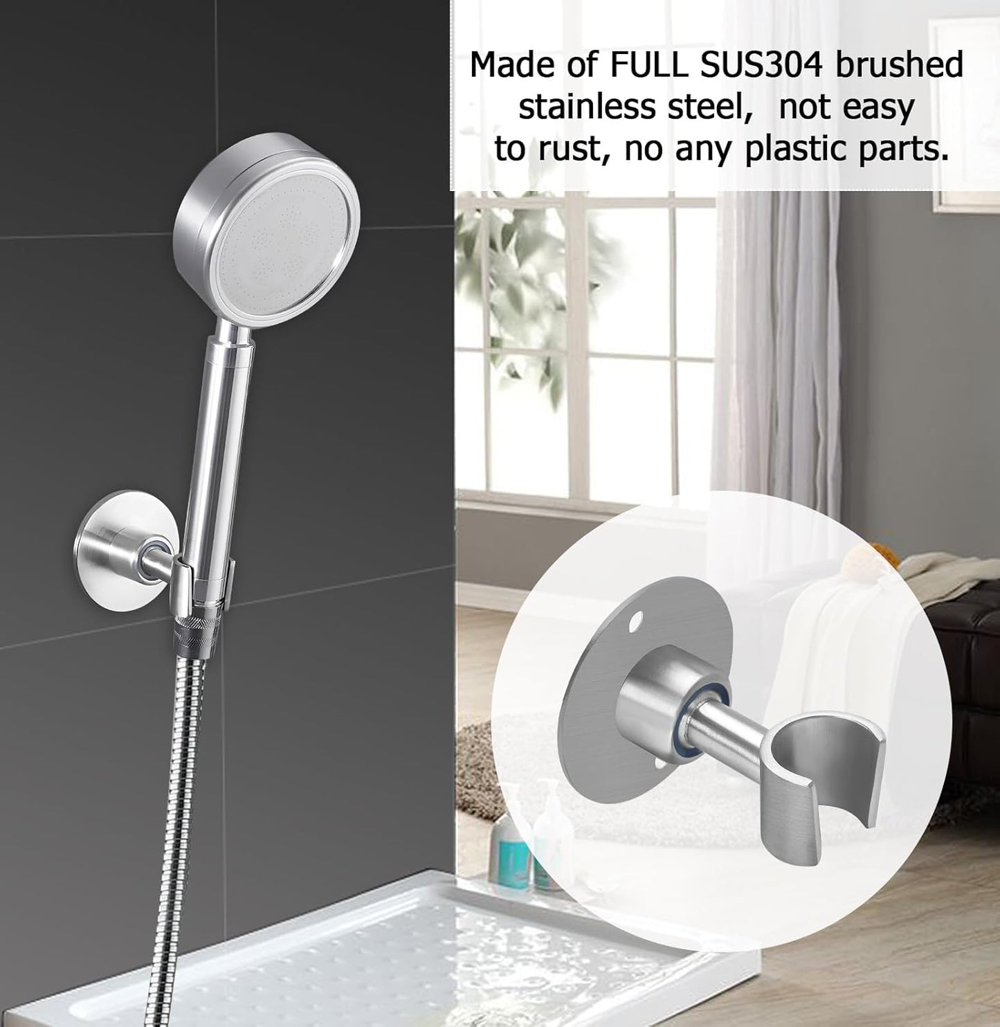 Wall-Mounted Stainless Steel Shower Head Holder | Screw-Mount Design | Universal Round Handle Clip | Includes Screws and Anchors
