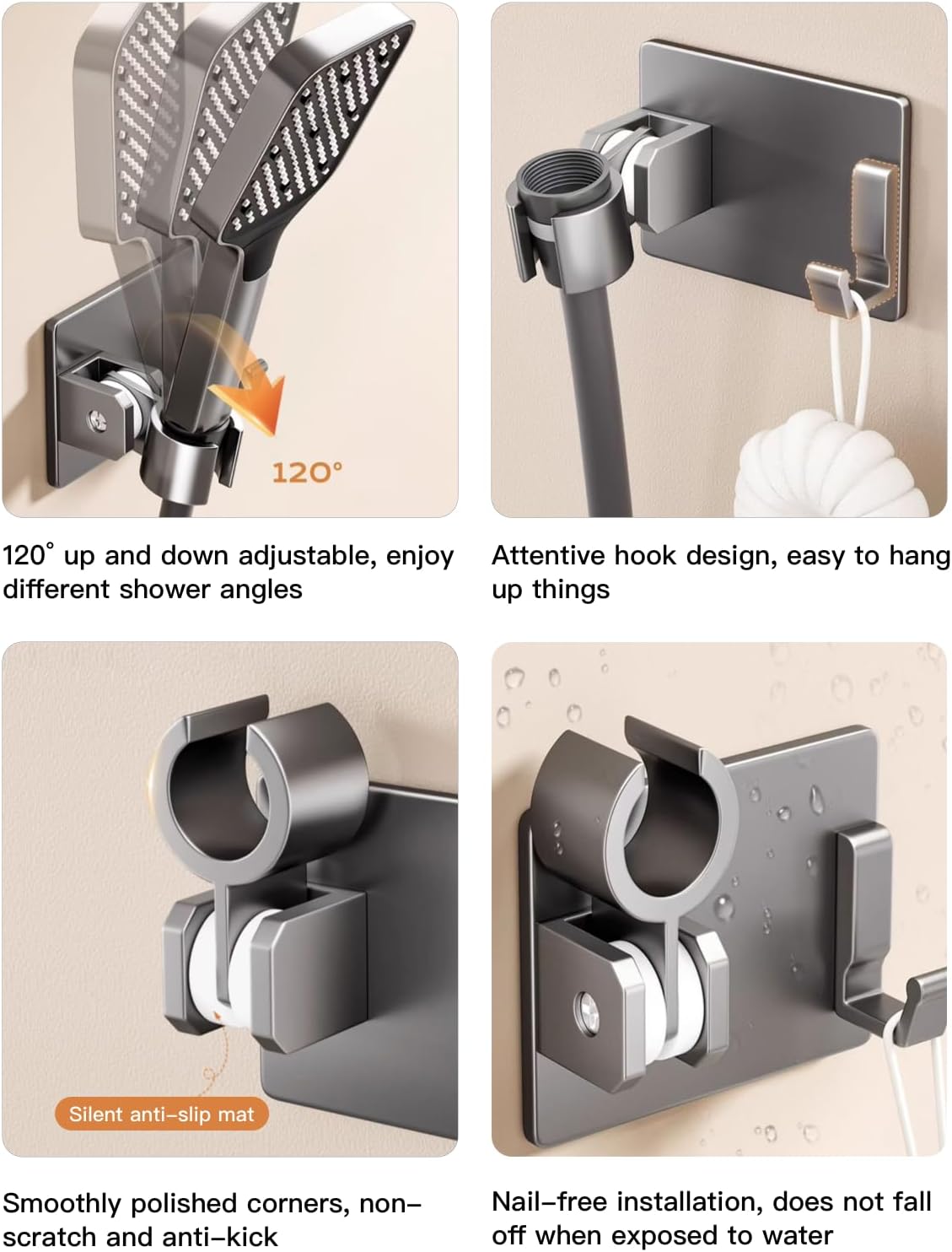 No-Drill Aluminum Shower Head Holder with Hooks | Wall-Mounted Adjustable Shower Bracket | Swivel Handheld Shower Holder | Heavy-Duty & Waterproof Adhesive or Screw Mount