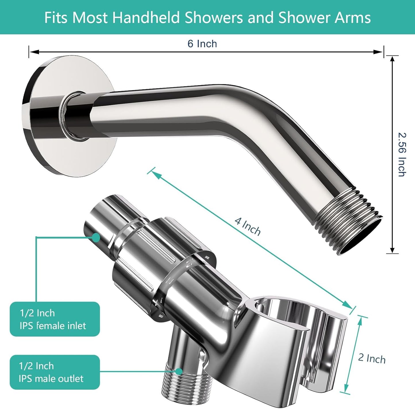 Shower Arm with Adjustable Shower Head Holder Set | 1/2 Inch IPS Female & Male Thread | Chrome-Plated Metal | Fits Most Handheld Showers