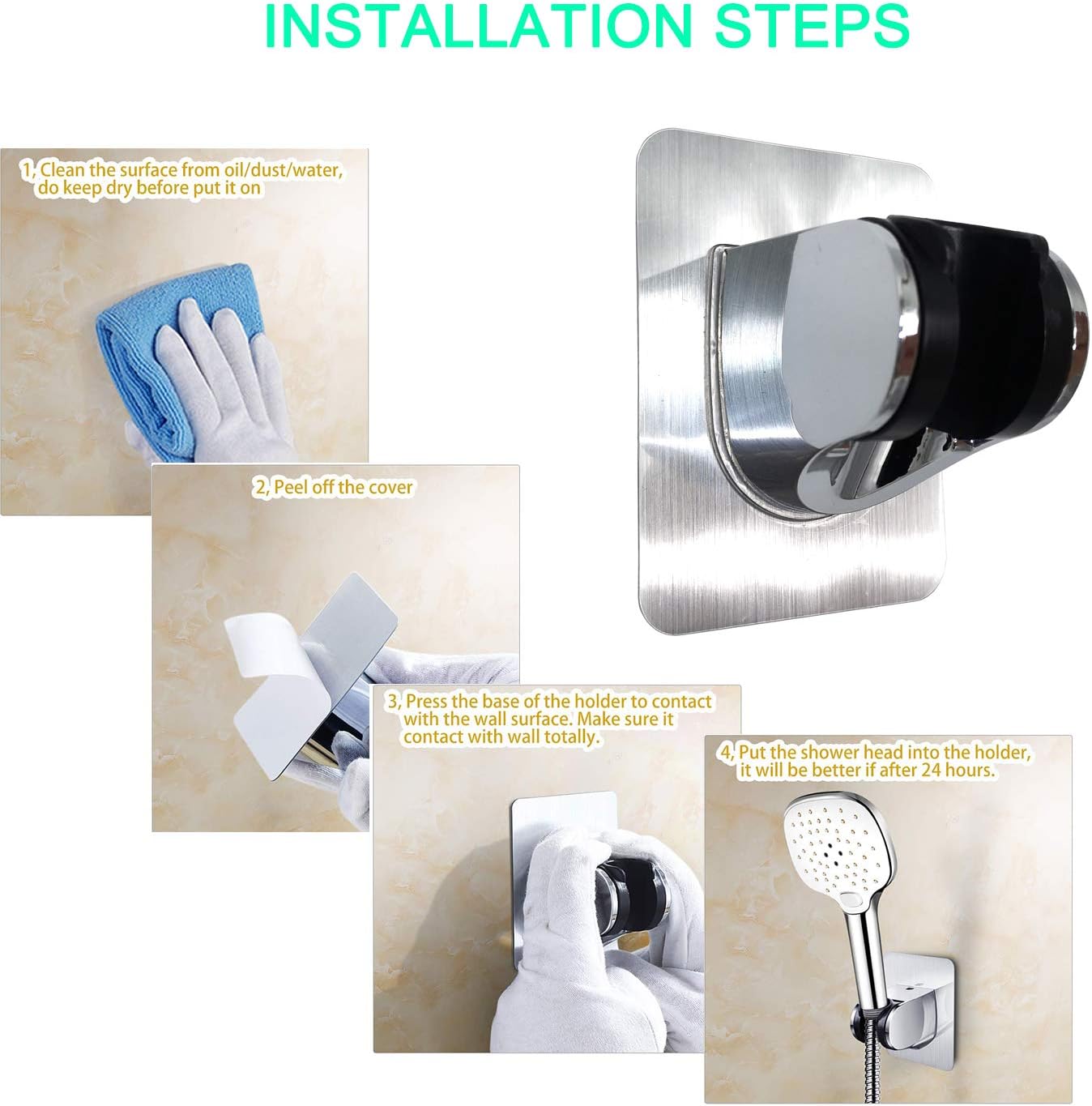 Drill-Free Fixed Shower Head Holder | Wall-Mounted Adhesive Shower Bracket | Fits 22mm Round Shower Handle | Chrome-Plated ABS | Strong Adhesive Backing