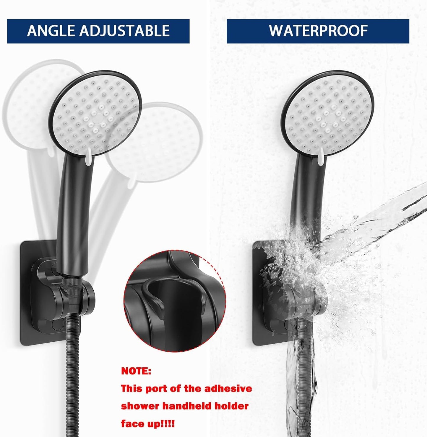 Matte Black Adjustable Shower Head Holder | Drill-Free Adhesive Wall Mount | Angle Adjustable | ABS Material | Fits Round Shower Heads