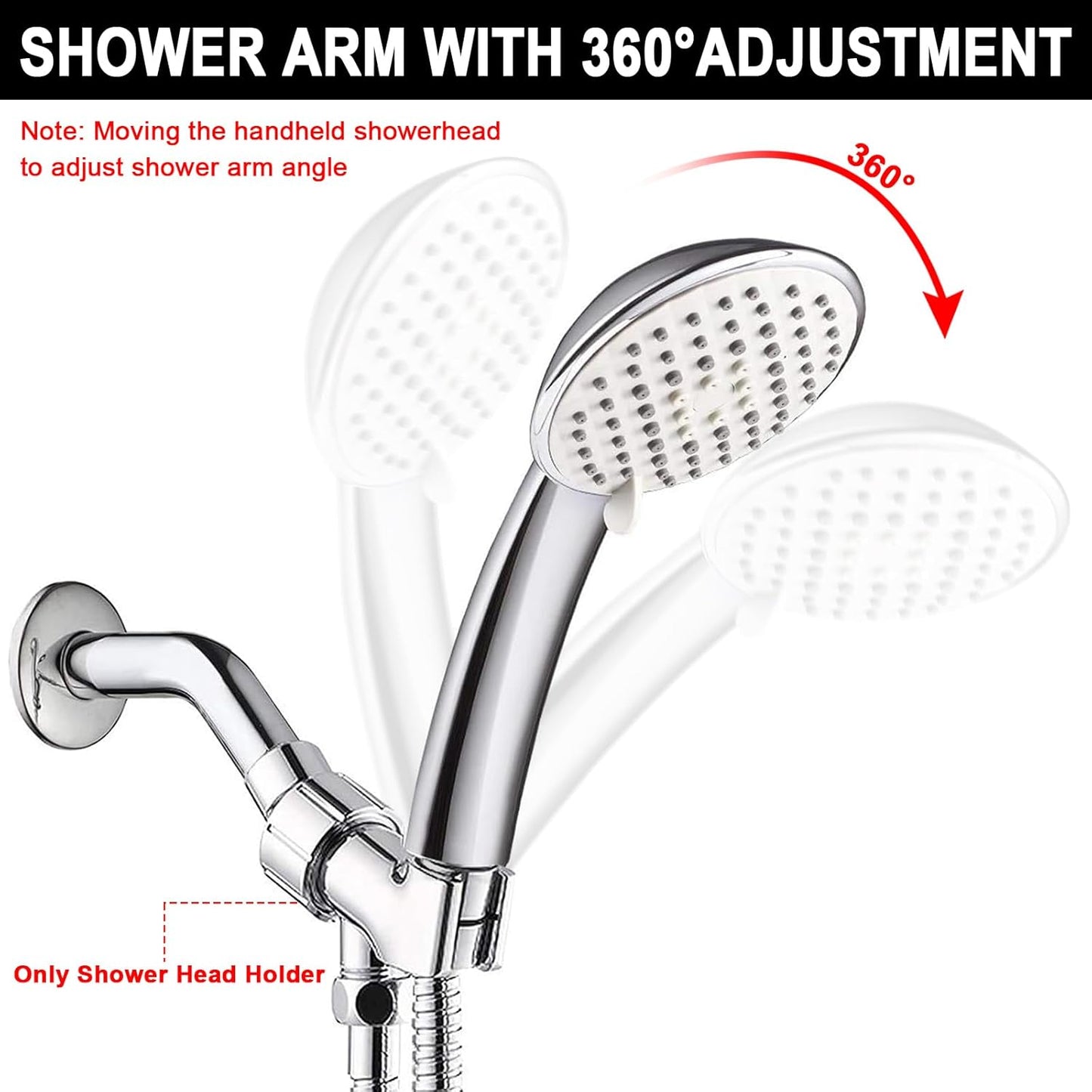 360° Swivel Brass Shower Head Holder with Adapter | Chrome-Plated Metal | 1/2 Inch Female Inlet & Male Outlet | Universal Fit for Round Shower Handles