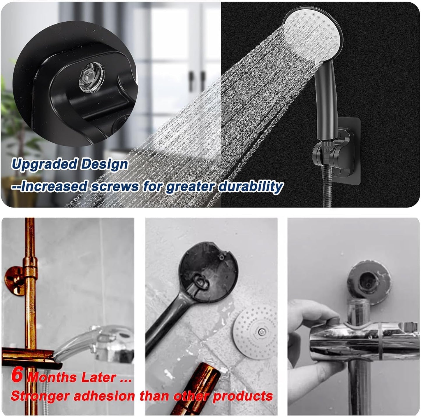 Matte Black Adjustable Shower Head Holder | Drill-Free Adhesive Wall Mount | Angle Adjustable | ABS Material | Fits Round Shower Heads
