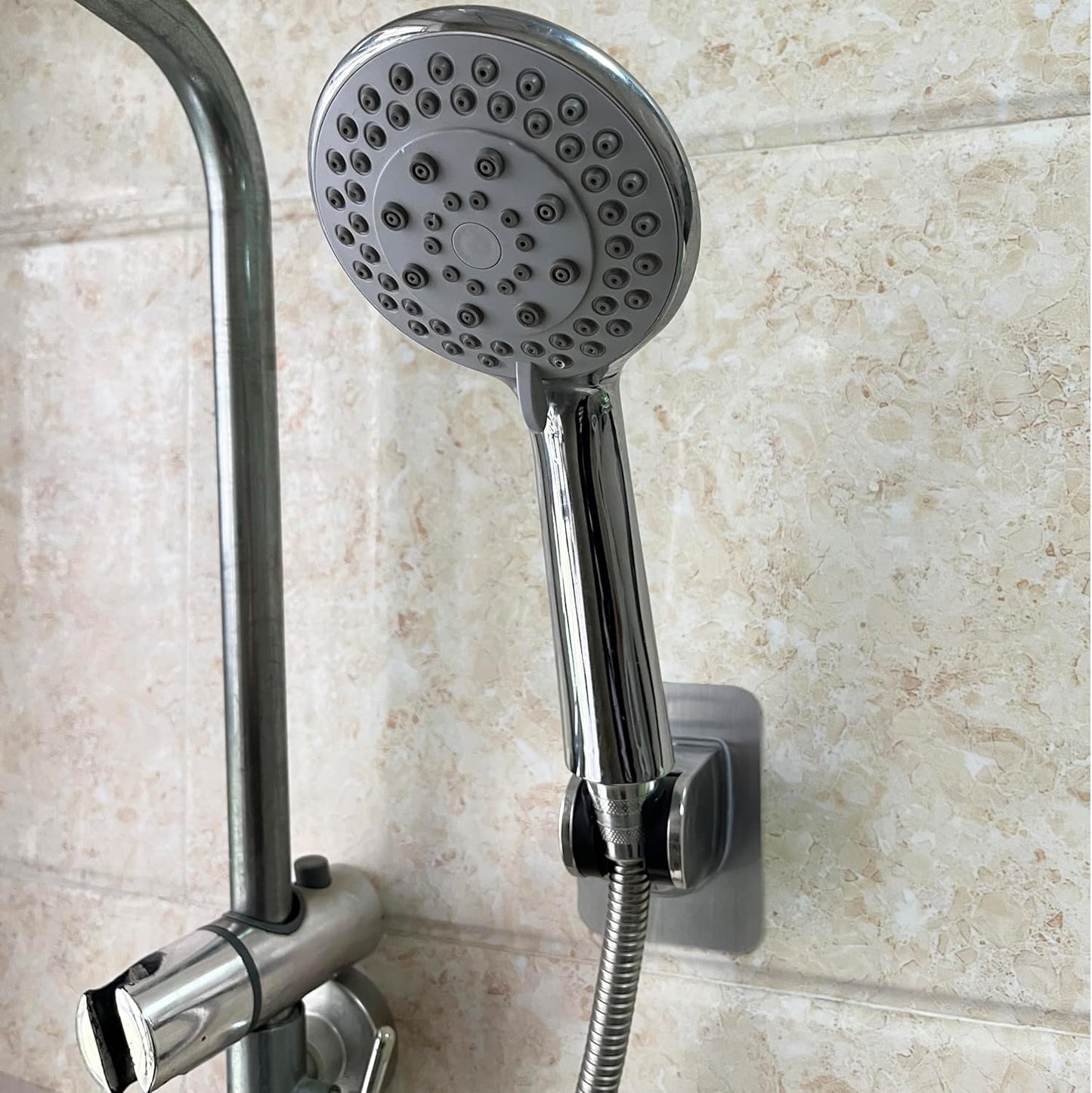 Drill-Free Fixed Shower Head Holder | Wall-Mounted Adhesive Shower Bracket | Fits 22mm Round Shower Handle | Chrome-Plated ABS | Strong Adhesive Backing
