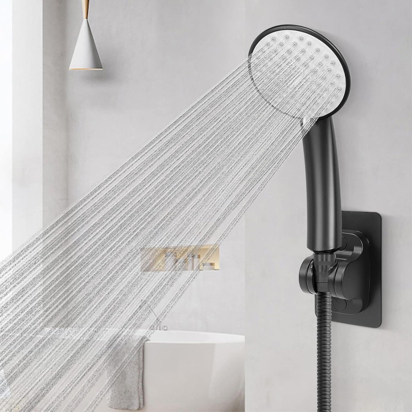 Matte Black Adjustable Shower Head Holder | Drill-Free Adhesive Wall Mount | Angle Adjustable | ABS Material | Fits Round Shower Heads