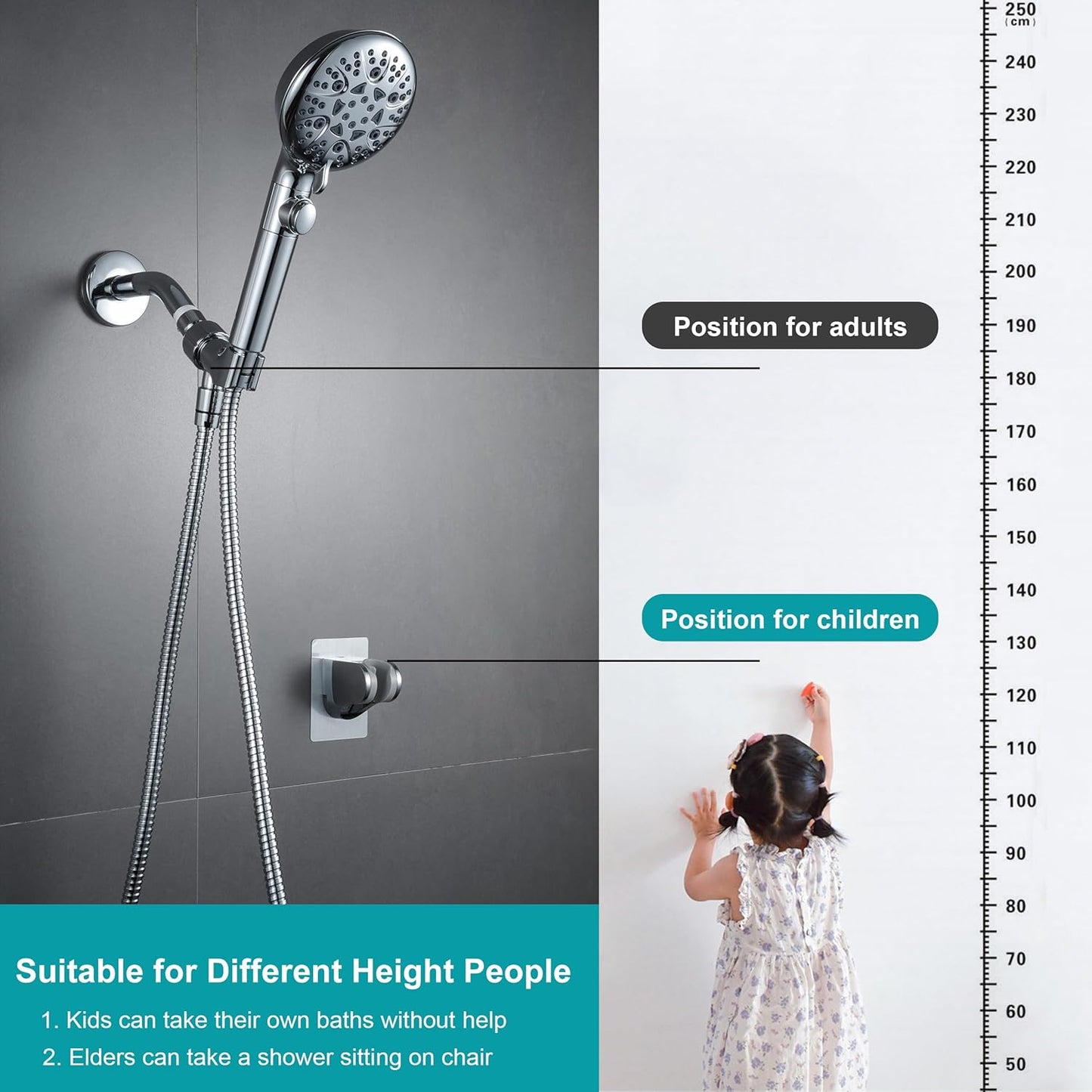 No-Drill Powerful Adjustable Shower Head Holder | Wall Mount Shower Bracket for 22–24mm Metal Cone Nut | Swivel Rotation | Adhesive Installation | Universal Fit